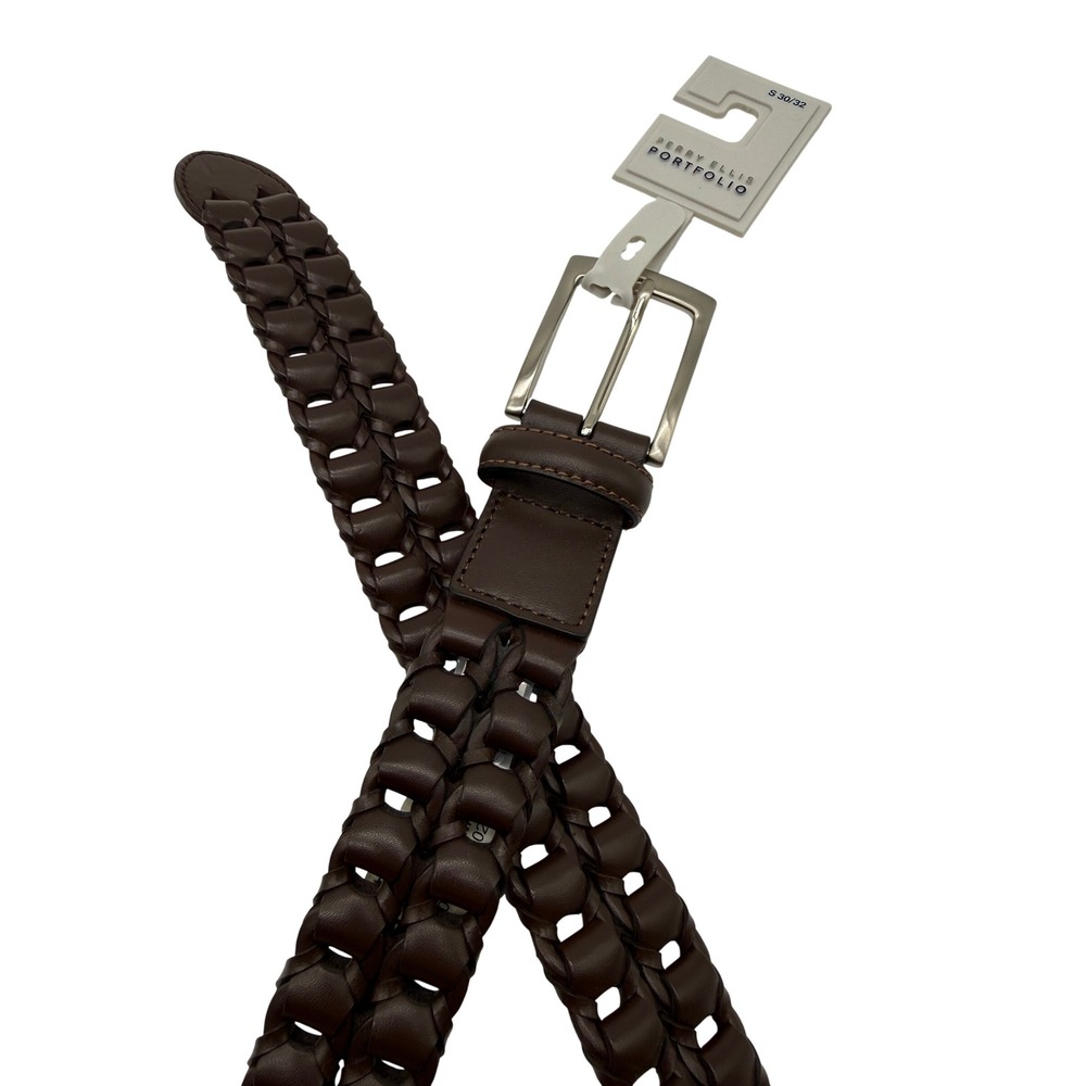 Perry Ellis Portfolio Belt Mens 30/32 Brown NWT Braided Bonded Leather 1P33105